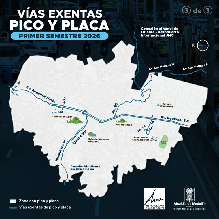 Imagen de mapa vias exentas Pico y Placa Medellin primer semestre de 2026