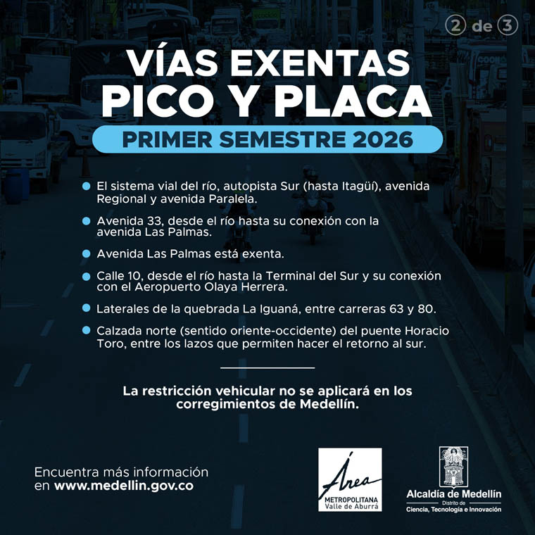 Imagen de vias exentas Pico y Placa Medellin primer semestre de 2026